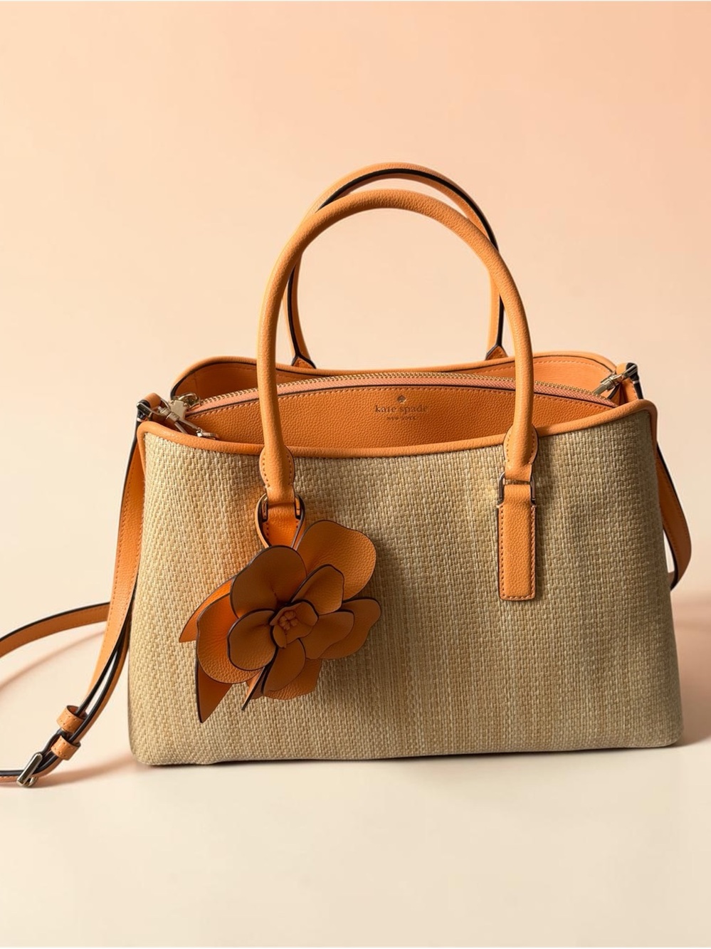 Kate Spade Straw Satchel with Orange Leather Trim and Floral Charm- Desert Sun